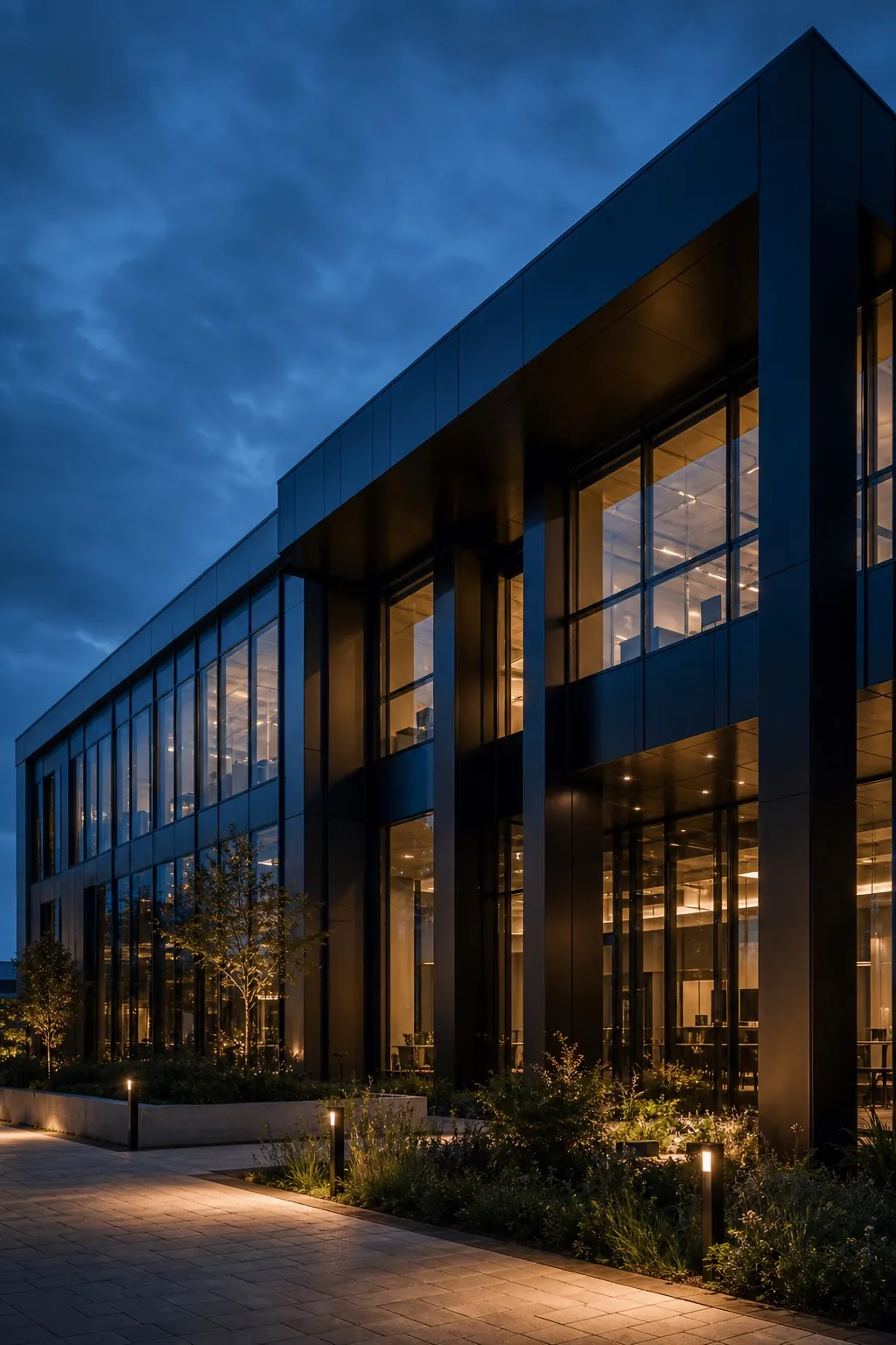 Modern business workspace with warm interior lighting at dusk