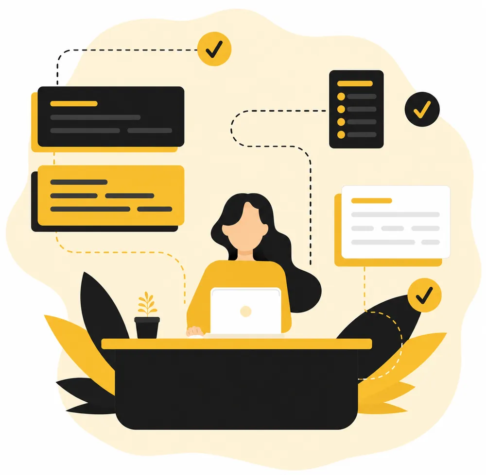 Illustration of automated workflow cards connecting to completed tasks