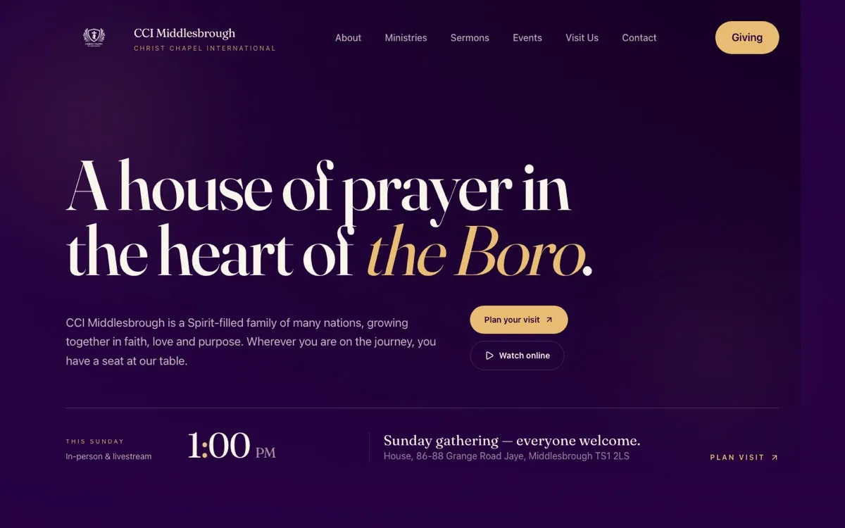 CCI Middlesbrough website homepage with deep purple and gold typography