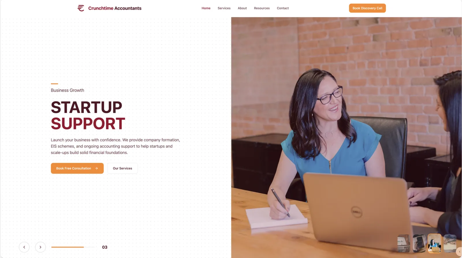 Crunchtime Accountants website homepage promoting start-up support and consultations