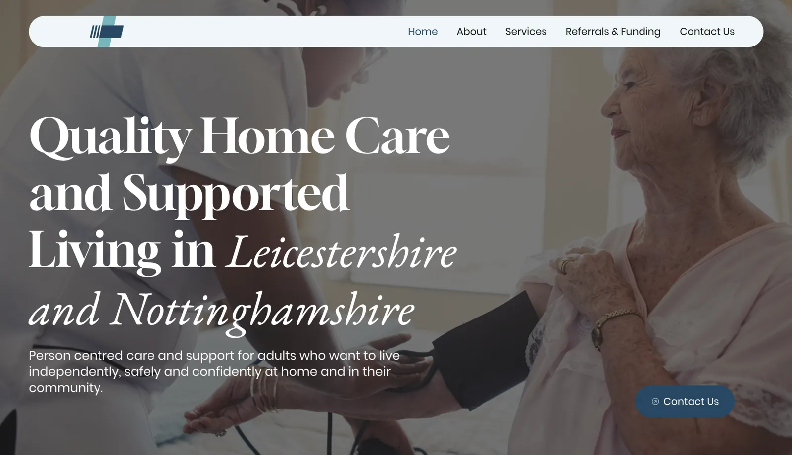 Home care and supported living website homepage serving Leicestershire and Nottinghamshire