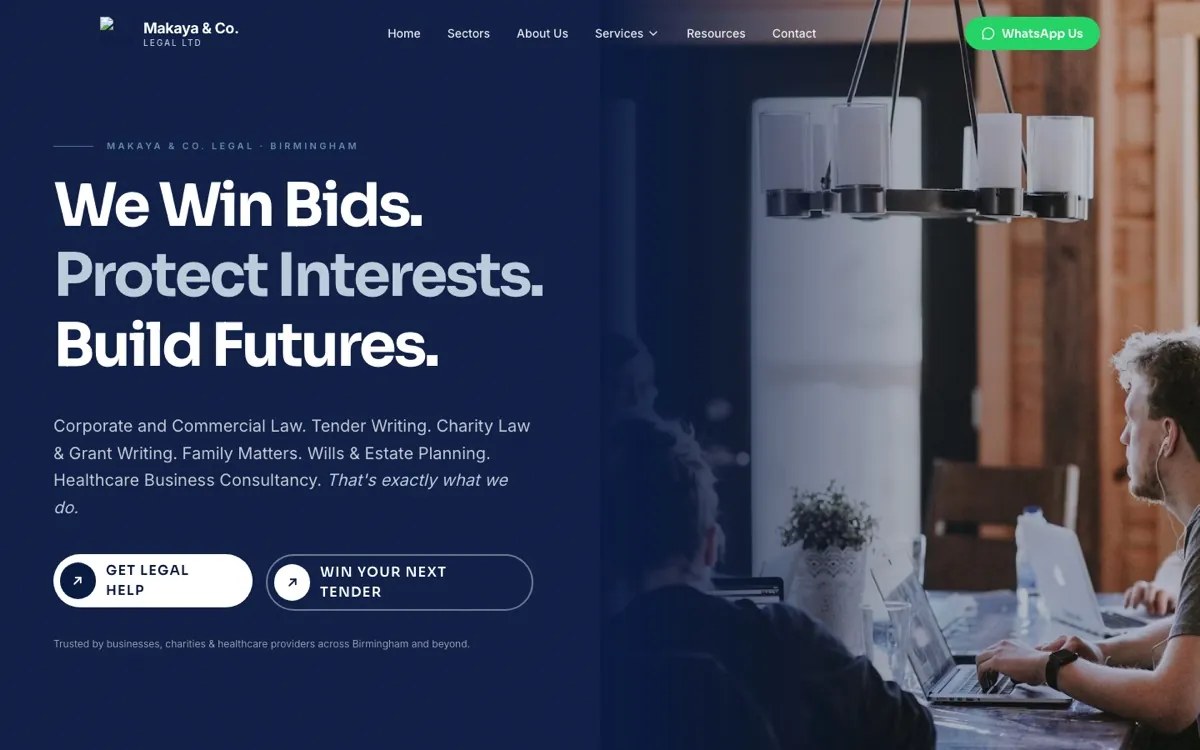 Makaya and Co Legal website homepage with a navy editorial layout