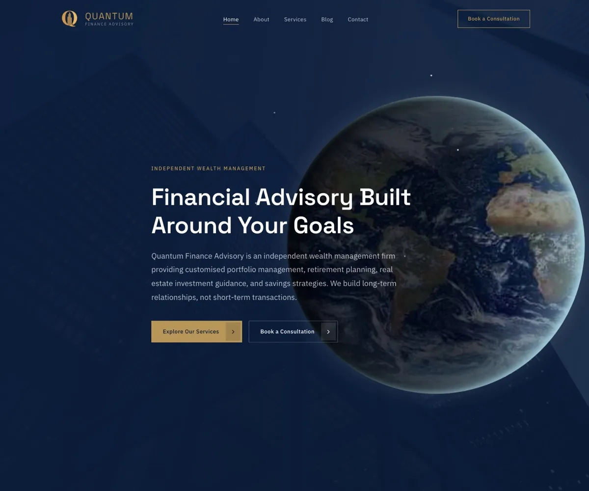 Quantum Finance Advisory website homepage with a dark blue globe visual