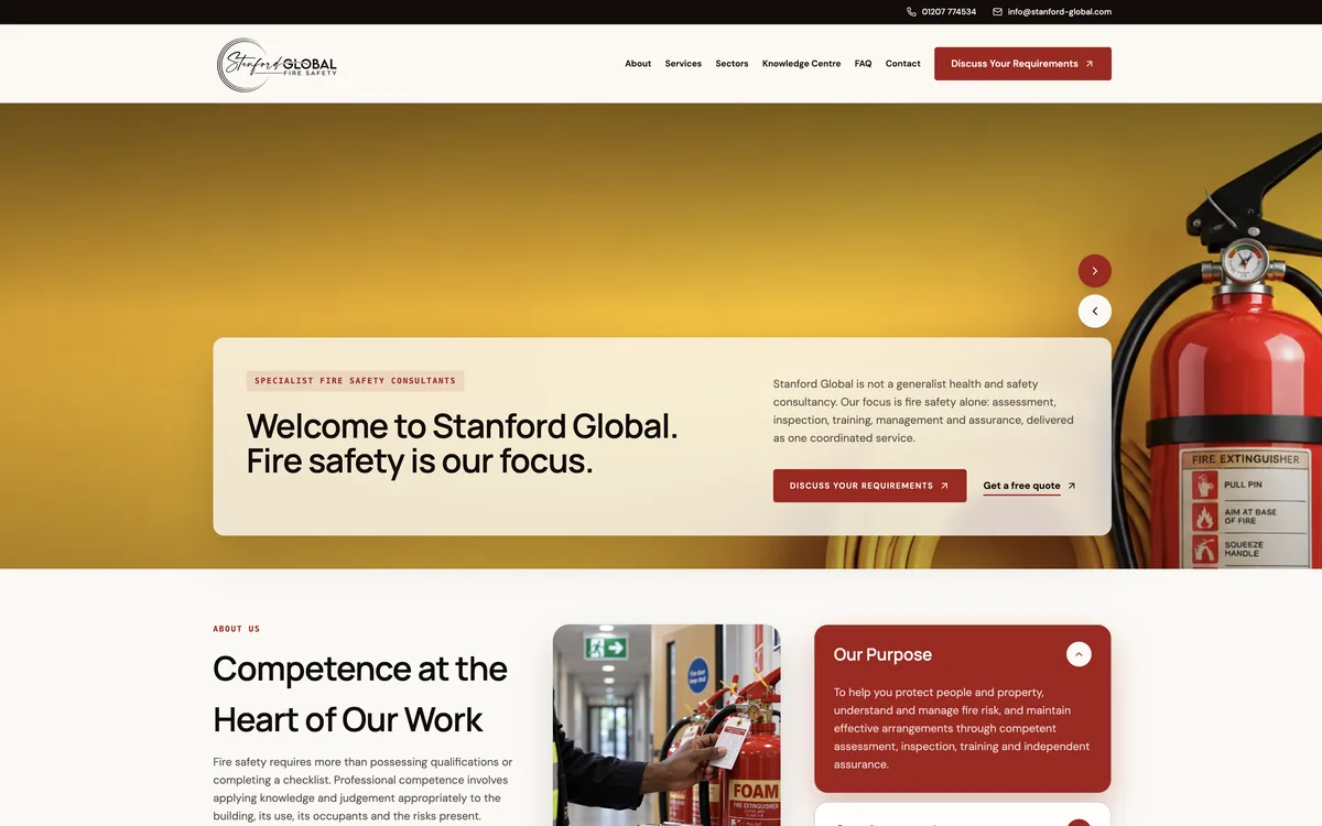 Stanford Global Fire Safety website homepage with a fire extinguisher hero and specialist consultancy introduction